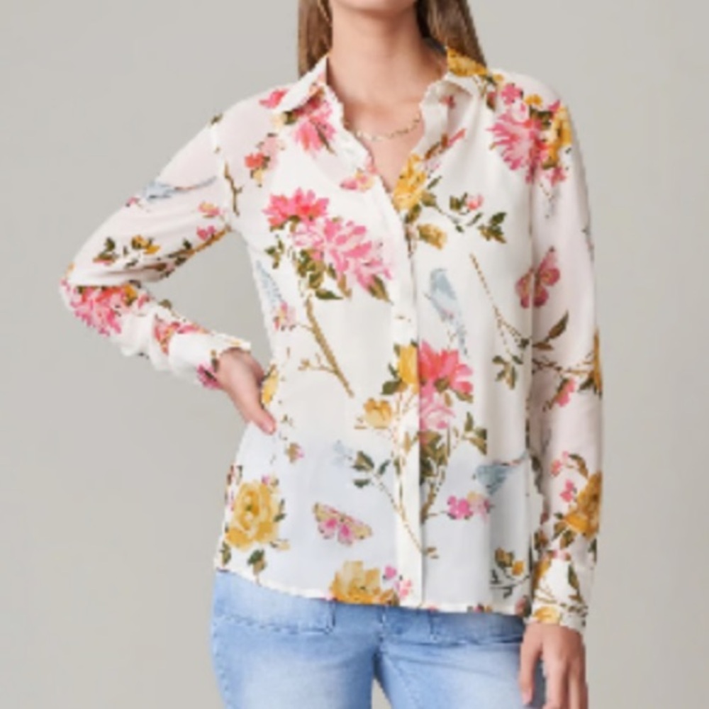 Spartina 449 Arden Silk Button Down Blouse Bird Floral Sweet Cream